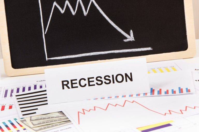 Inscription recession, currencies dollar and declining chart