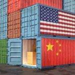 Stacks of Freight containers. USA and China flag