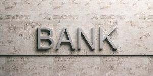 Bank sign on marble background. 3d illustration